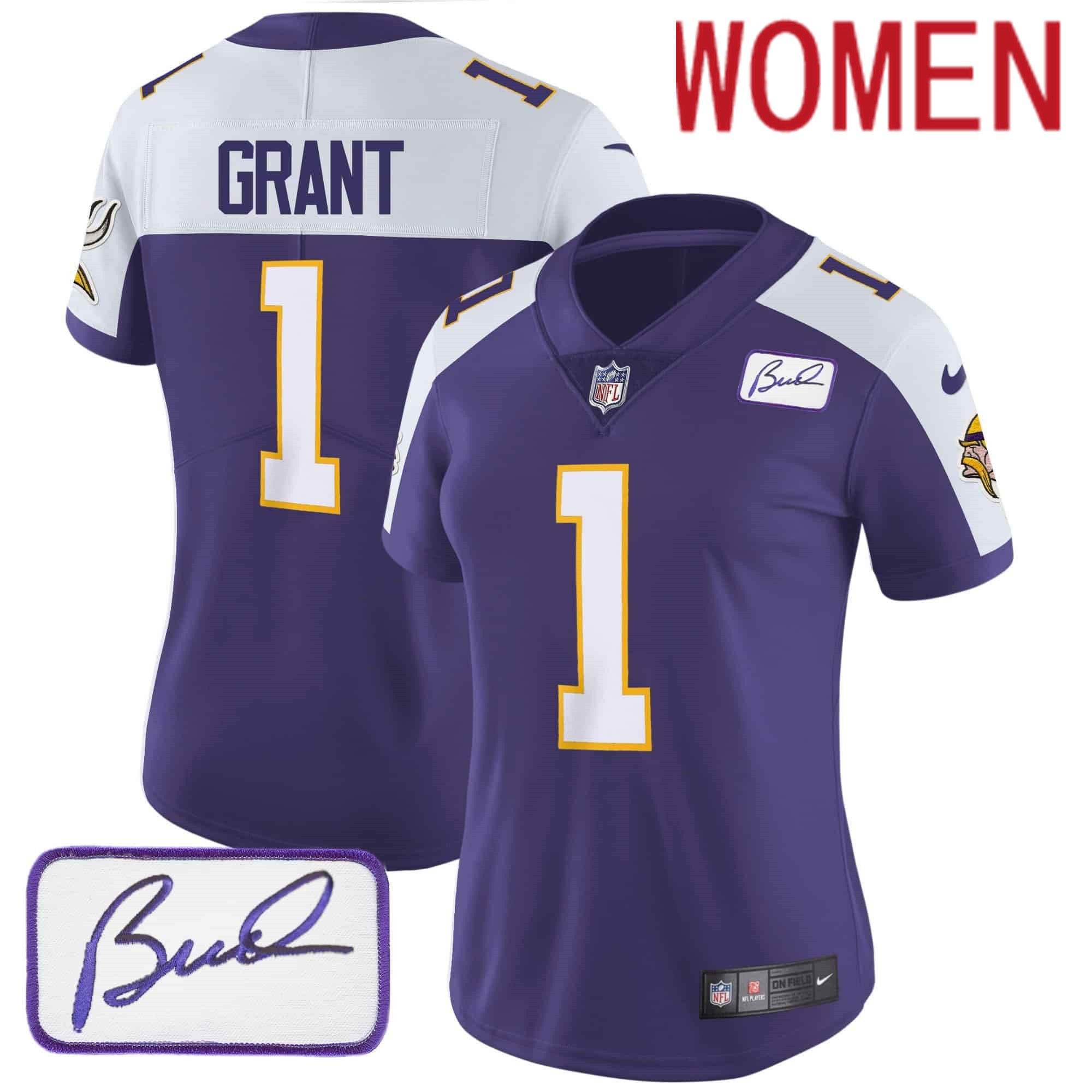 Women Minnesota Vikings 1 Grant Purple 2024 Nike Bud Grant Patch Classic Limited NFL Jersey style 2